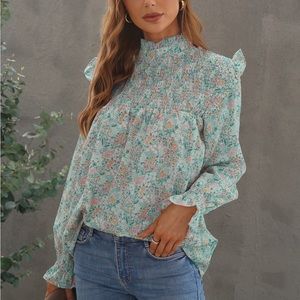 Floral Print Smocked Ruffled Long Sleeve blouse